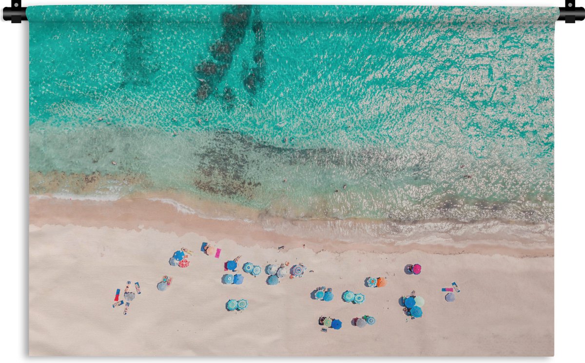 Wandkleed - Wanddoek - Zee - Strand - Zomer - Parasols - Blauw - 150x100 cm - Wandtapijt