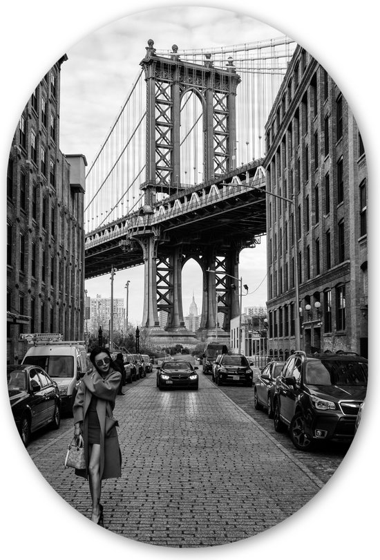 New York - Manhattan - Brug - Zwart - Wit Kunststof plaat (5mm dik) - Ovale spiegel vorm op kunststof