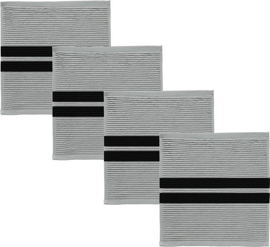 Quatre torchons gris avec texture côtelée et deux rayures noires.