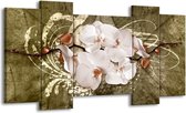 GroepArt - Schilderij - Orchidee - Goud, Wit, Bruin - 120x65 5Luik - Foto Op Canvas - GroepArt 6000+ Schilderijen 0p Canvas Art Collectie - Wanddecoratie