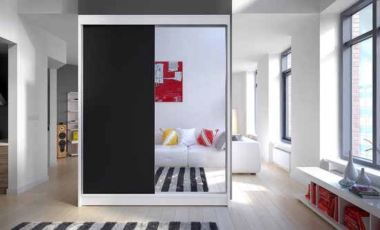 Schuifdeurkast / kledingkast Bisaurin 3C met spiegel, kleur: Zwart