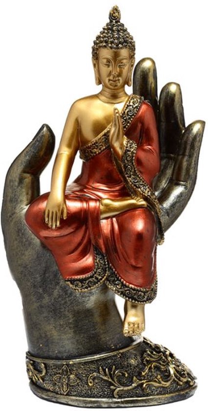 Thaise Boeddha zittend in hand Goud en Rood ca. 23 cm hoog