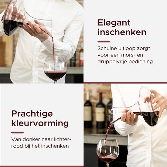 Haut : Du vin rouge est versé dans un verre à partir d'une carafe. Bas : Du vin rouge est versé d'une carafe dans un verre.