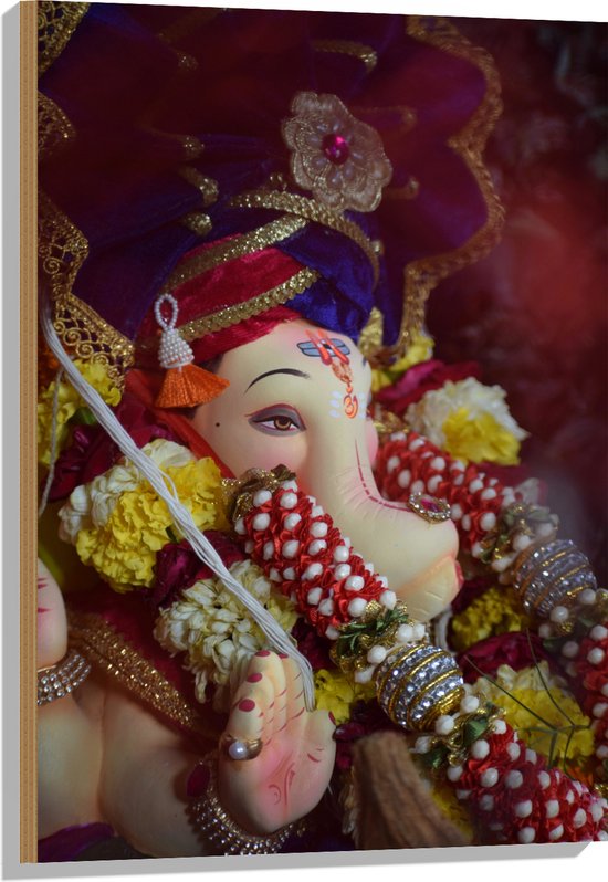 Hout - Foto van Ganesha Beeld in Verschillende Kleuren met Bloemen - 60x90 cm - 9 mm dik - Foto op Hout (Met Ophangsysteem)