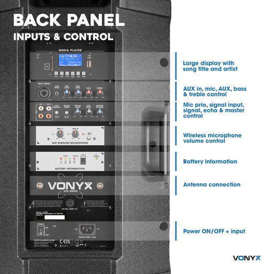 Enceinte portable - Vonyx VSA700 - Enceinte sur roulettes avec Bluetooth et  2 micros