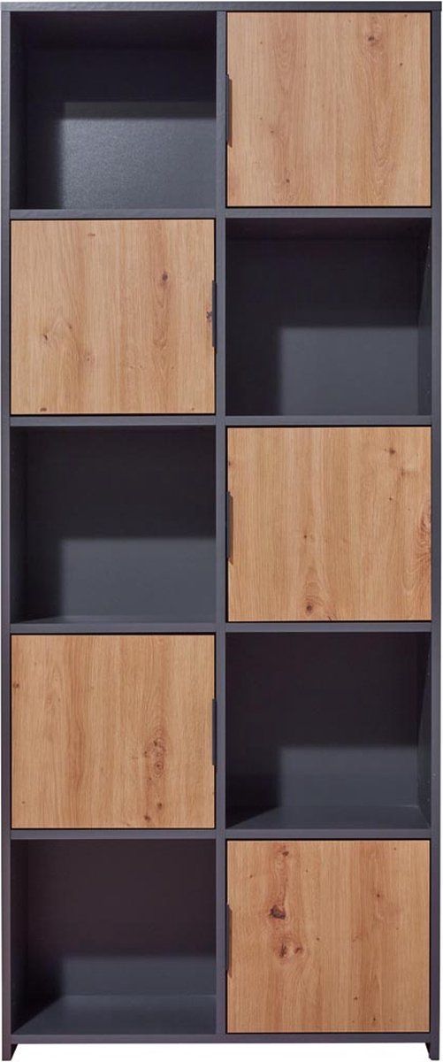 Boekenkast Pepeto | 77 x 30 x 185 cm | Open en gesloten opbergruimte | Kleur: Antraciet - Interlink - Kasten - Bruin; Antraciet - MDF - Kasten -