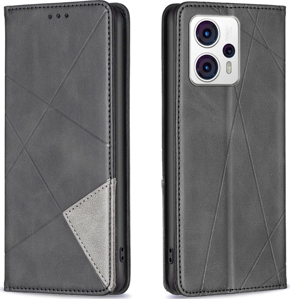 Mobigear Telefoonhoesje geschikt voor Motorola Moto G13 Hoesje | Mobigear Rhombus Slim Bookcase | Pasjeshouder voor 2 Pasjes | Telefoonhoesje voor Pinpas / OV Kaart / Rijbewijs - Zwart