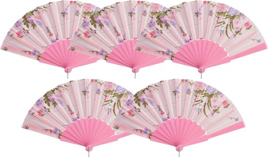 Cepewa Handwaaier/spaanse waaier Flowers - 5x - roze - 30 cm - Verkoeling zomer