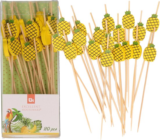 Excellent Houseware Cocktail/tapas prikkers - ananas - 60x stuks - bamboo - 12 cm