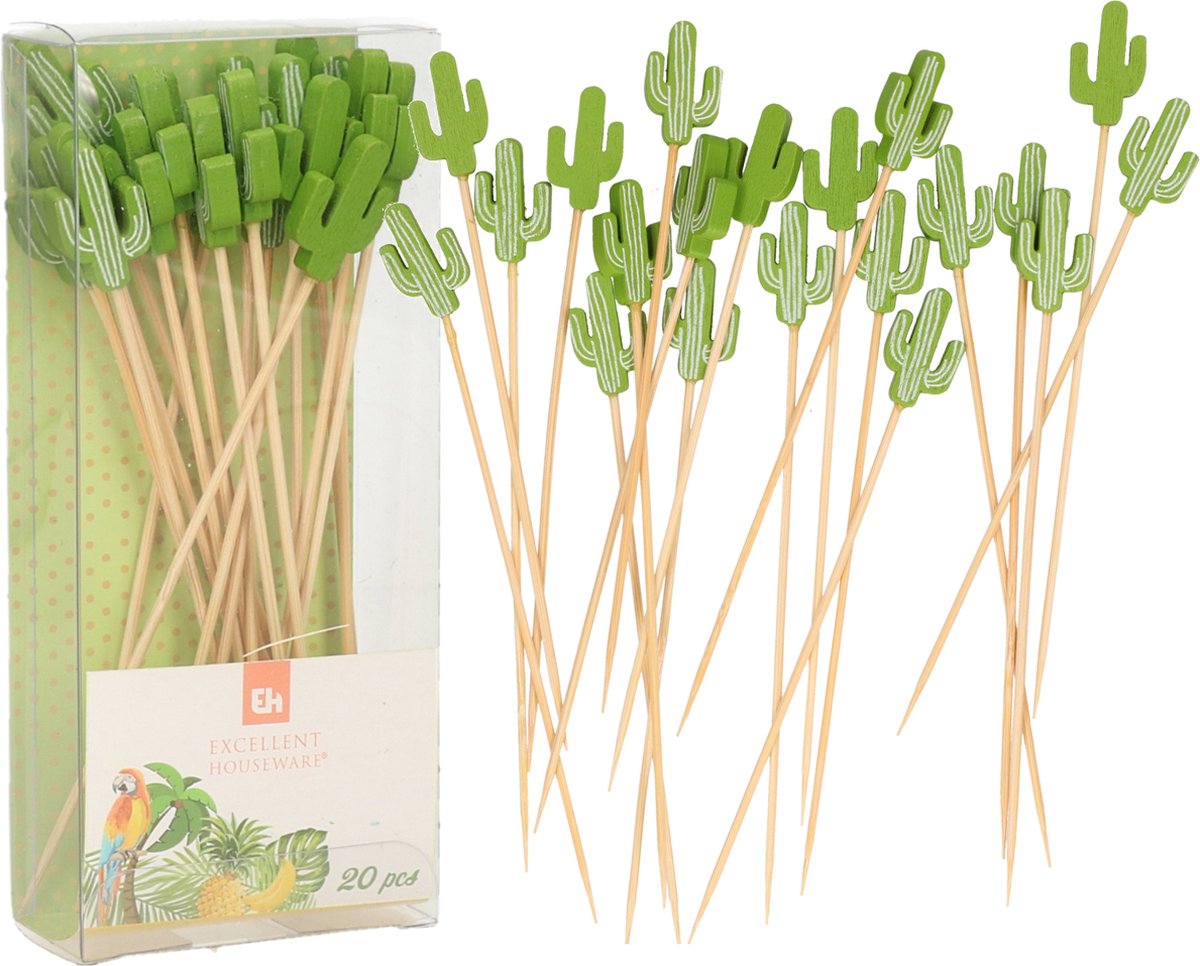 Excellent Houseware Cocktail/tapas prikkers - Mexicaanse cactus - 60x stuks - bamboo - 12 cm