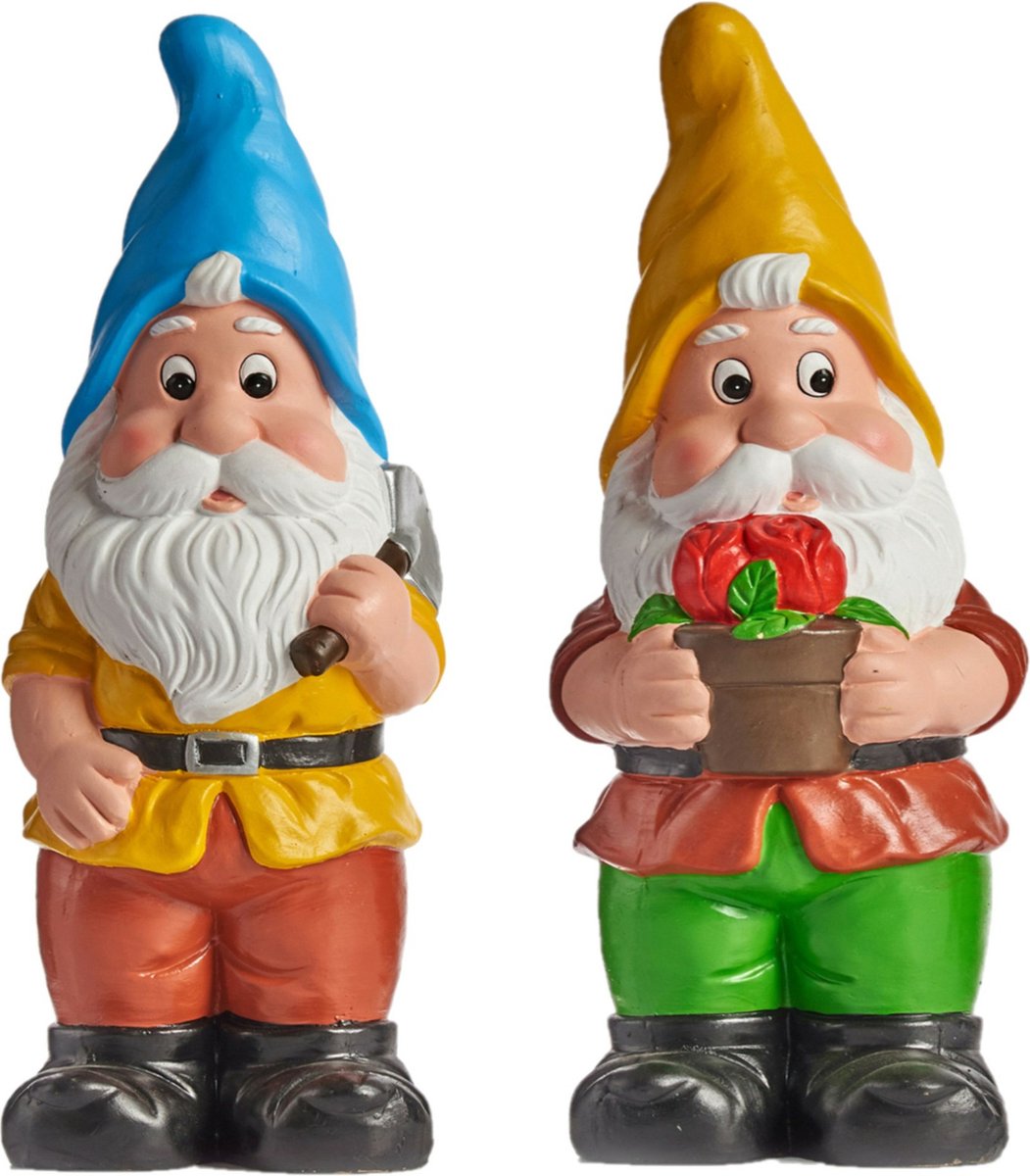 Tuinkabouter beeldjes - set van 2x - Keramiek - 38 cm - geel/blauw