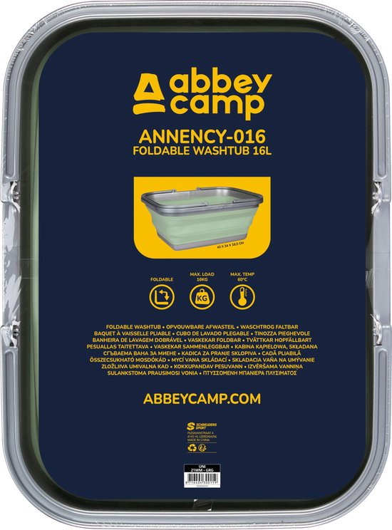 Lichtgroene en grijze opvouwbare wasbak van Abbey Camp, 16L, 43 x 34 x 18,5 cm.