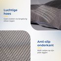 Close-up van het ademende mesh-materiaal en de anti-slip onderkant van het zitkussen.