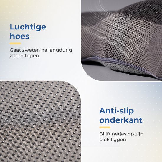 Close-up van het ademende mesh-materiaal en de anti-slip onderkant van het zitkussen.
