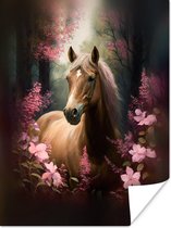 Poster Paard - Bloemen - Roze - Natuur - Bos - 30x40 cm