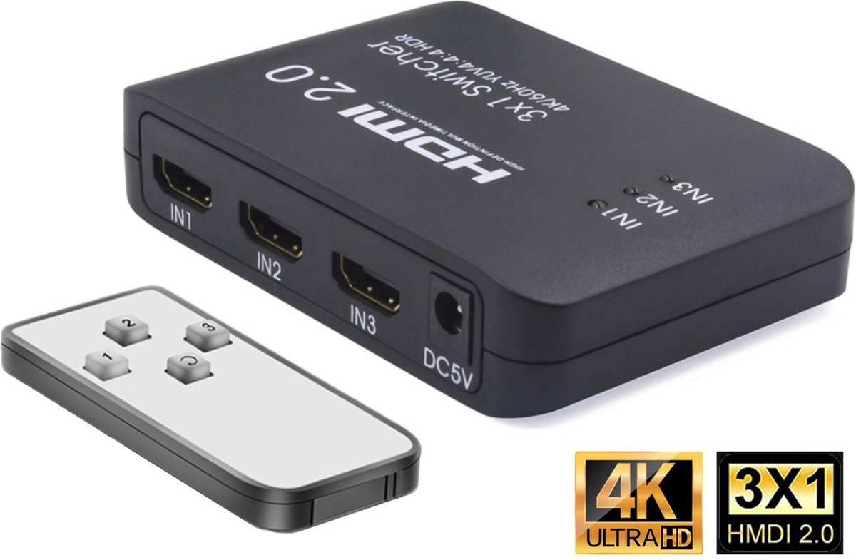 Techvavo® HDMI Switch - 3 in 1 uit - Ondersteunt 4K@60Hz 3D HD 1080p - Met afstandsbediening