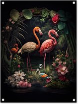 Tuinschilderij Flamingo - Bloemen - Planten - Jungle - Roze - 60x80 cm - Tuinposter - Tuindoek - Buitenposter