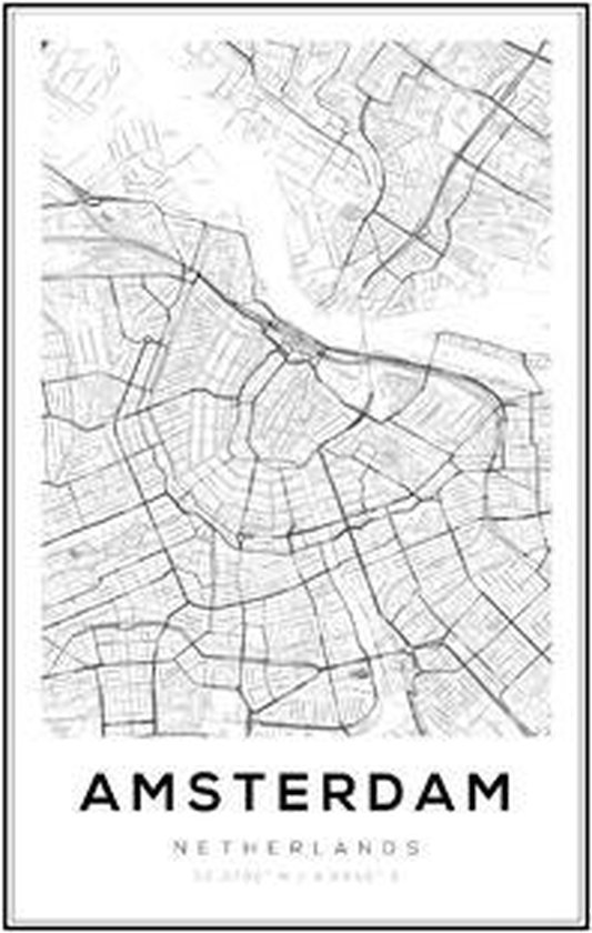 Amsterdam Kaart Poster (21x29,7cm) - Wallified - Steden - Poster - Zwart Wit - Print - Amsterdam - Rotterdam - Utrecht - Den-Haag - Wall-Art - Woondecoratie - Kunst - Posters