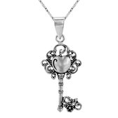 Zilveren ketting dames | Zilveren ketting met hanger, sierlijk bewerkte sleutel met hart
