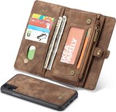 CaseMe Afneembare multifunctionele horizontale flip lederen tas voor iPhone XR, met kaartsleuf & houder & rits portemonnee & fotolijst (bruin)
