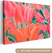 Canvas Schilderij Tulpen - Bloemen - Roze - Rood - Kunst - 60x40 cm - Wanddecoratie