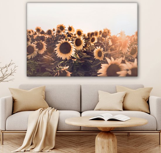 Tableau Toile Tournesols - Champ - Coucher de Soleil - Fleurs - Jaune - 120x80 cm - Décoration murale