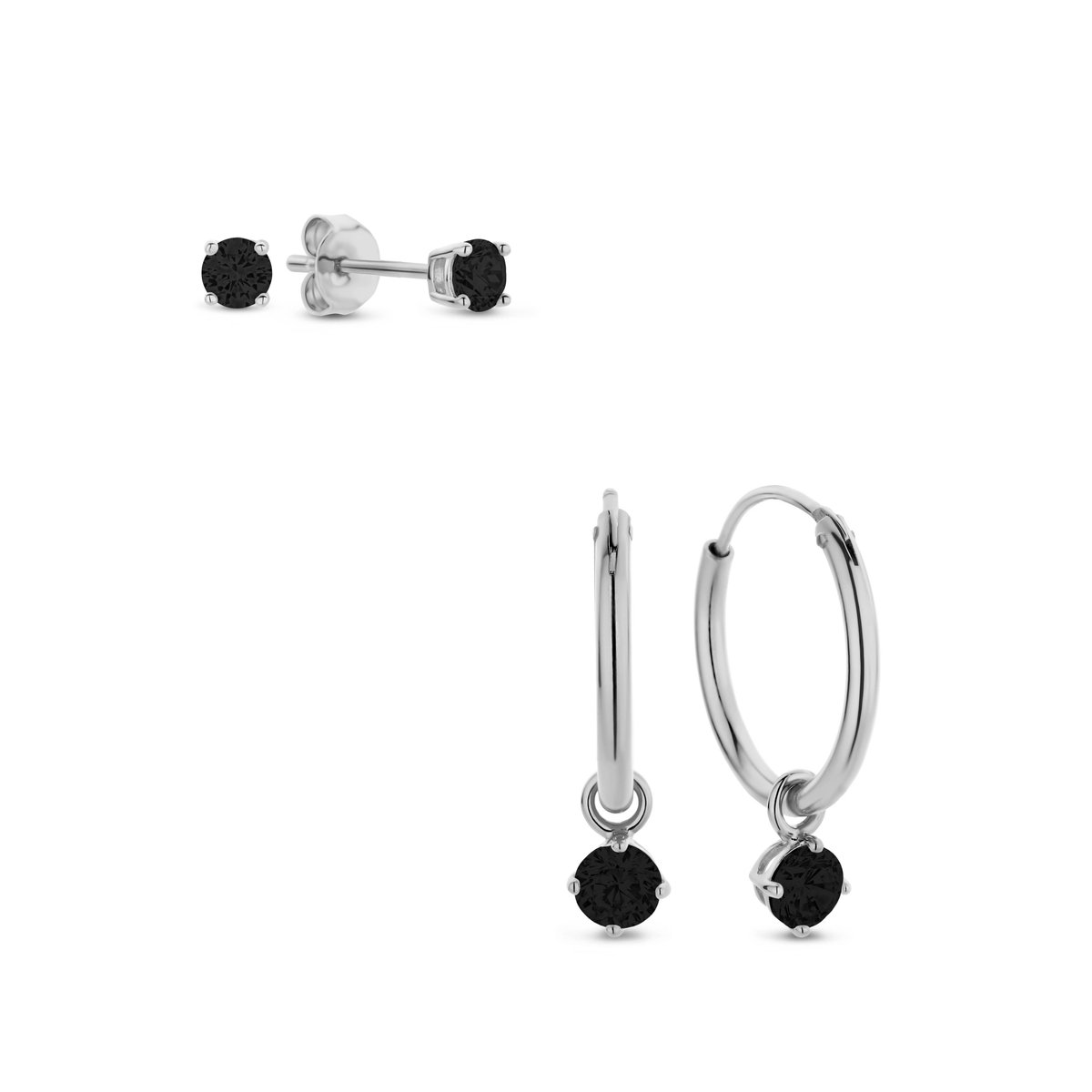 New Bling 9SIL-SET0011 Zilveren Set Oorringen met hangertje en Oorknopjes met Zirkonia - 15mm Doorsnee - Knopjes 3mm - Zwart - Rhodium - Zilver