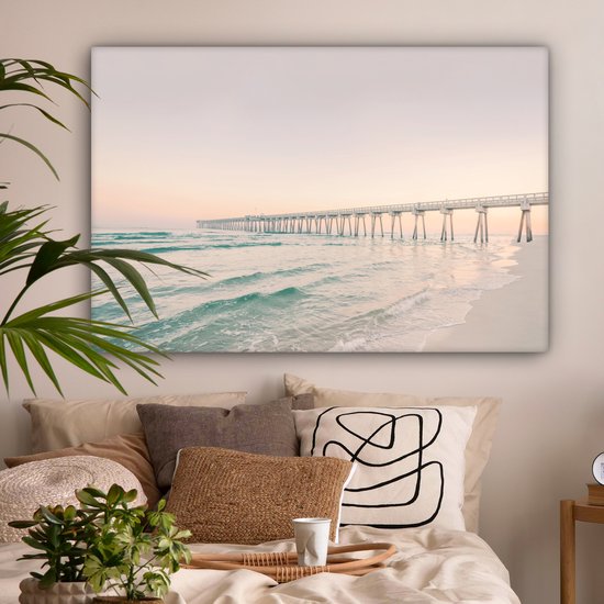 Tableau sur toile - Mer - Plage - Pont - Soir - Coucher de soleil - Peintures sur toile - Canvasdoek - Photo sur toile - Décoration salon - Chambre - Décoration murale - 120x80 cm - Toile toile - Décoration chambre
