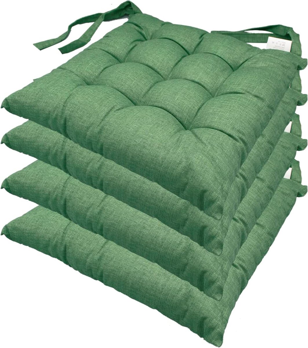 casaviva® Set van 4 stoelkussens met veters, 9 stiksels, handgemaakt van 100% bedrukt katoen met linnen effect, luxe vulling 7 cm (sage green)