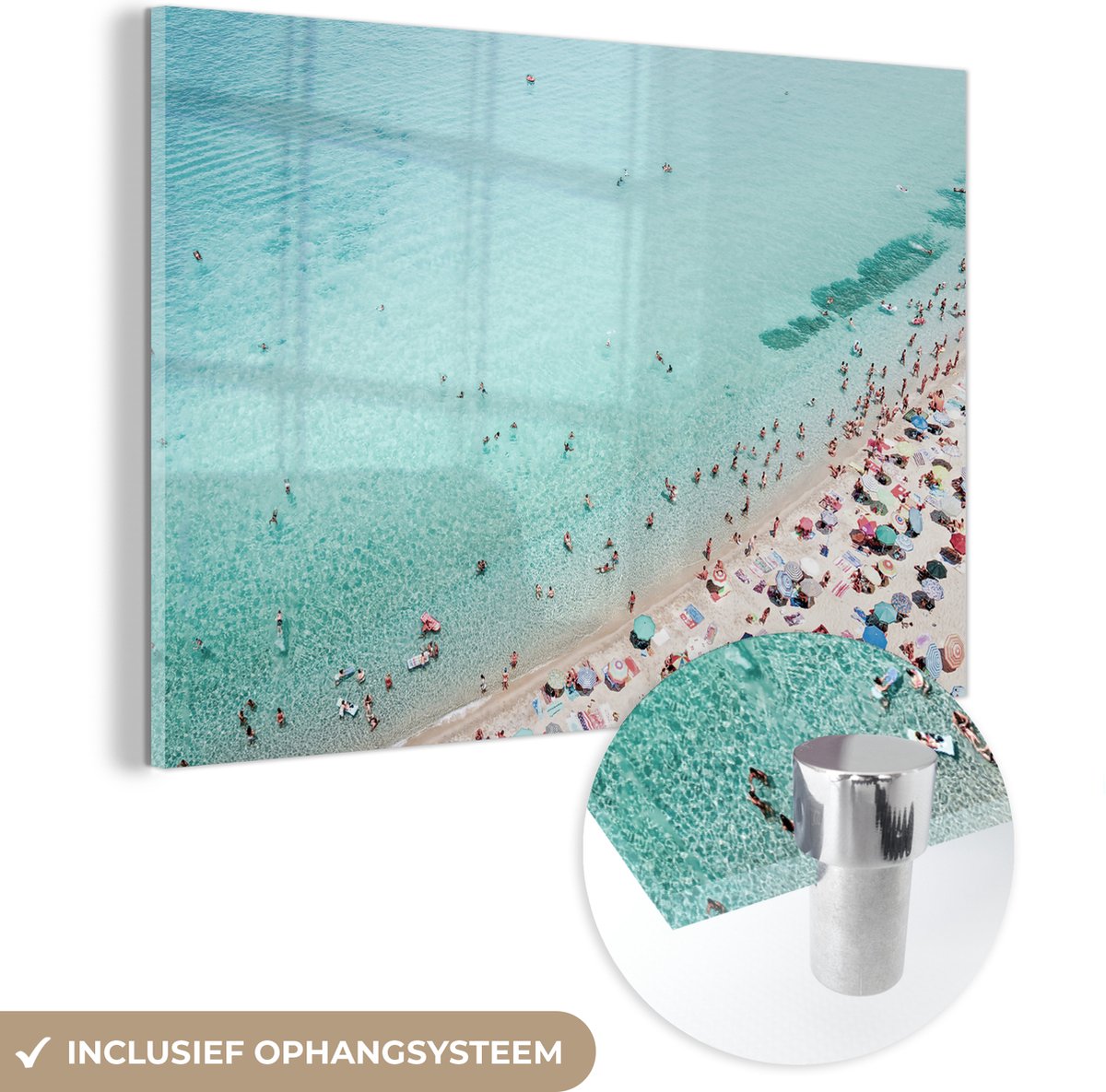 MuchoWow® Glasschilderij 60x40 cm - Schilderij acrylglas - Zee - Strand - Parasols - Blauw