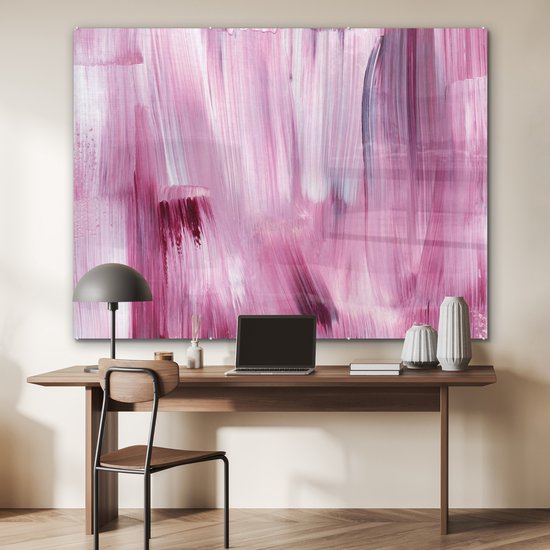 MuchoWow® Glasschilderij 160x120 cm - Schilderij acrylglas - Kleuren - Verf - Schilderij - Roze - Foto op glas - Schilderijen