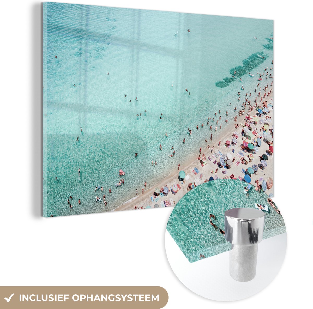 MuchoWow® Glasschilderij 150x100 cm - Schilderij acrylglas - Zee - Strand - Parasols - Blauw - Zomer - Foto op glas - Schilderijen