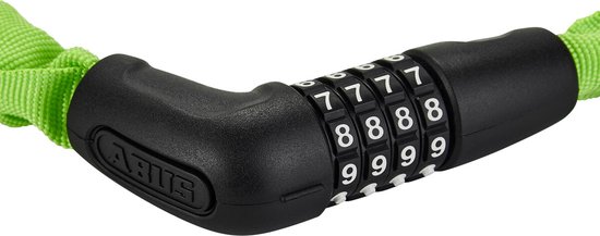 Close-up van het zwarte cijferslot met witte cijfers van een ABUS kettingslot.