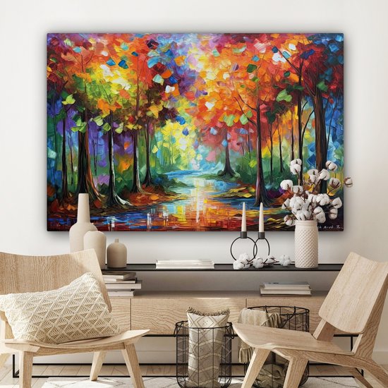 Forêt colorée avec eau et reflets, peinte dans un style impressionniste.