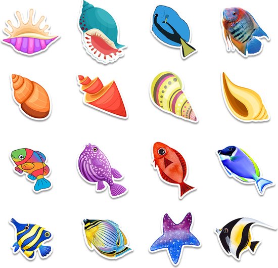 Autocollants Beaux Animaux aquatiques | Mer, coquillages, poissons, méduses, sous l'eau | Mélange d'autocollants pour ordinateur portable, mur, vélo, skateboard, koelkast , etc. | Convient aux enfants