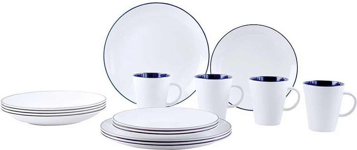 Gimex melamine serviesset - Camping Servies Set Linea Blauw 16-dlg. wit Blauw