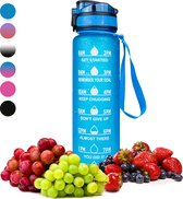 Nimma® Motivatie Waterfles - 1 Liter Drinkfles - Met Tijdmarkeringen en Fruitfilter - Blauw