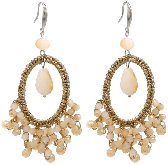 Boucles d'oreilles Rondes - Perles de verre - 8,5x3 cm - Marron