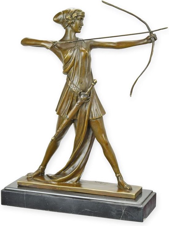 Diana Venatrix, Romeinse Godin bronzen beeld, Mythologie geschiedenis sculptuur, Brons beeld op marmer sokkel, Mythe oude Rome kunstwerk