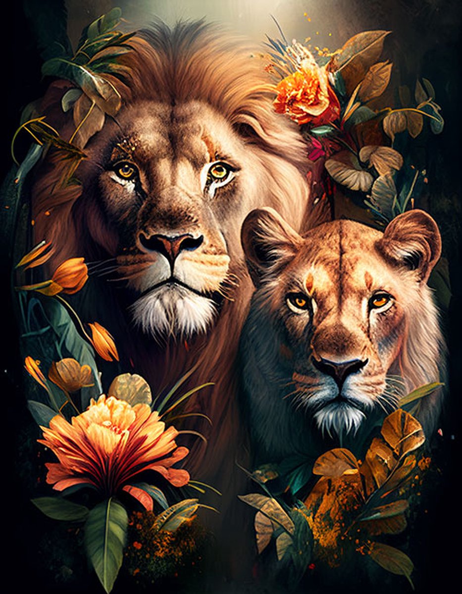 AI - Woondecoratie - Poster - Dieren - Tijger en Leeuw - Bloemen en jungle - 22 - 50 x 70 cm