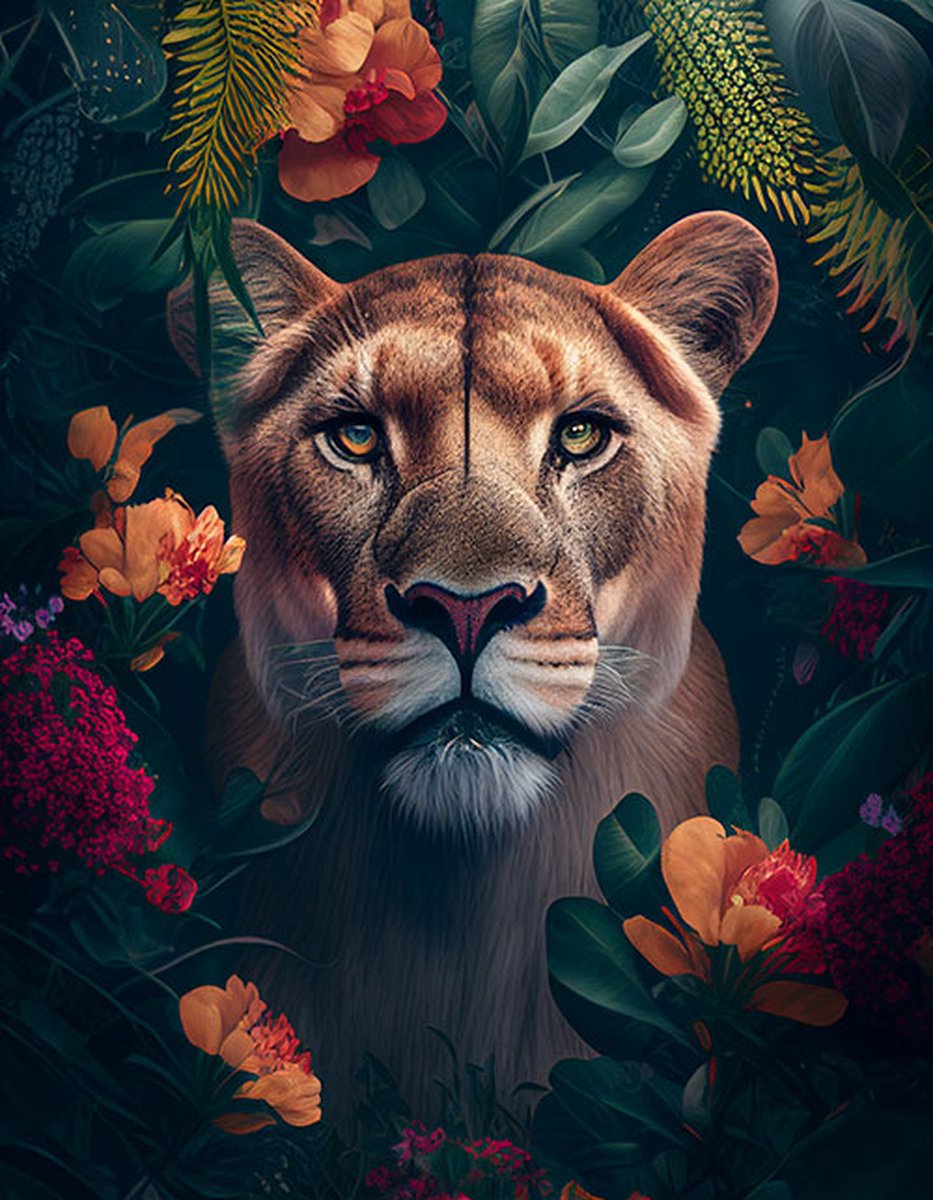AI - Woondecoratie - Poster - Dieren - Tijger - Bloemen en jungle - 14 - 30 x 40 cm