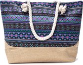 Strandtas met rits - Beach bag - Shopper - azteken print - blauw - groen - roze - zwart - 50 x 36 x 12 cm