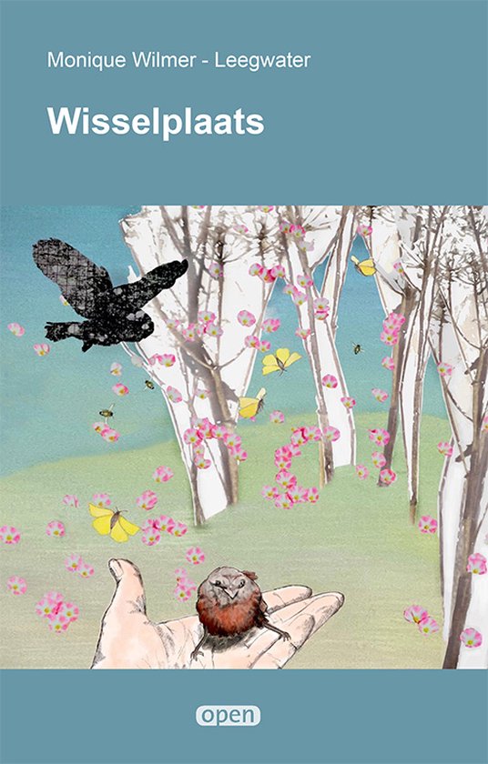Boekomslag 'Wisselplaats' met illustratie van een vogel in een hand, vliegende vogels en vlinders.