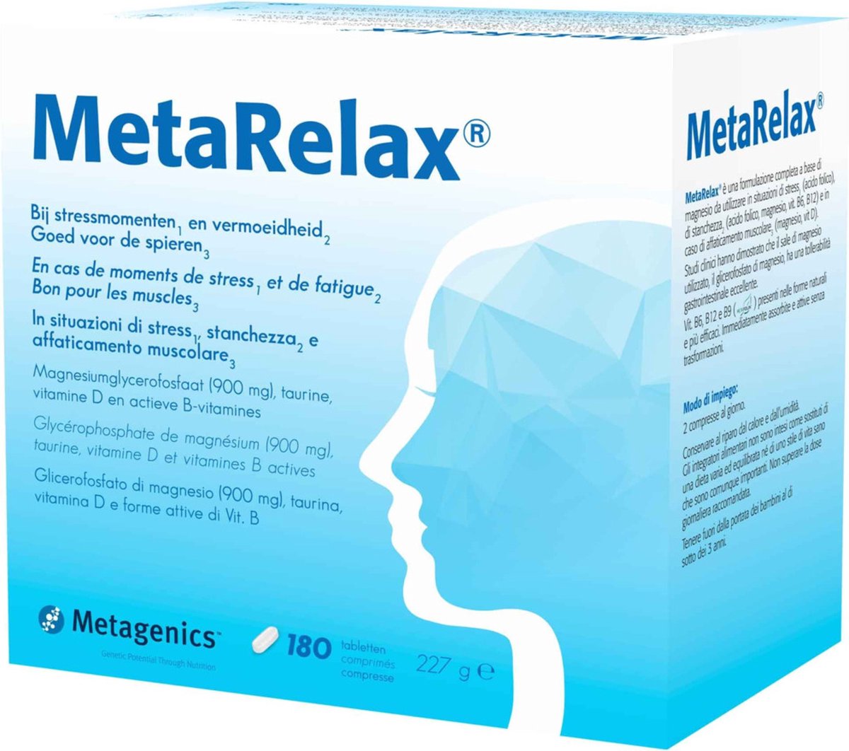 MetaRelax Magnesium Tabletten - Bij stress & spanning, vermoeidheid, goed voor de spieren - Hoogwaardig magnesiumcomplex met magnesiumglycerofosfaat, B-vitamines en vitamine D - Hou het hoofd koel, schiet niet in een kramp - 180 tabletten op Prijzenvolger.com