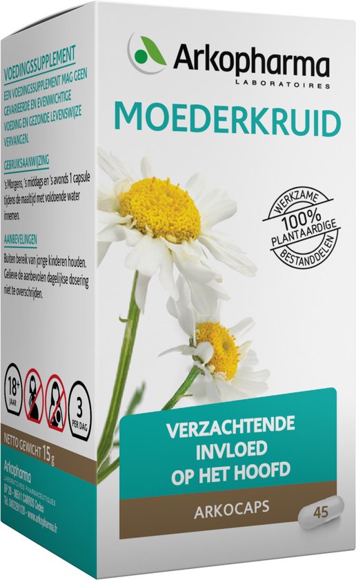 Doosje Arkopharma Moederkruid met afbeelding van bloemen. Tekst: 'VERZACHTENDE INVLOED OP HET HOOFD'. 45 capsules.