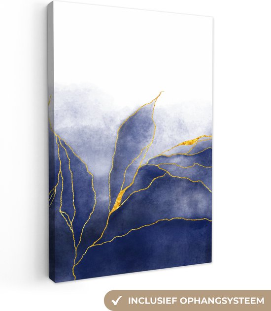 Canvas Schilderij Marmer - Blauw - Marmerlook - Goud - Textuur - 80x120 cm - Wanddecoratie