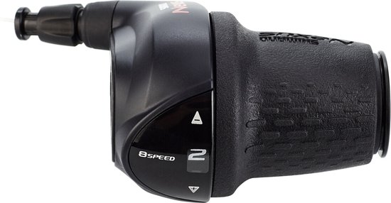 Zwarte Shimano Nexus 2-speed draaishifter met de tekst "8 SPEED" en cijfer "2".