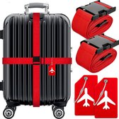 BOTC Kofferriem met Kofferlabel - 4-Delig Kofferband set - 2 Kofferband en 2 Bagagelabel - bagageriemen - Bagageband - Verstelbaar - Rood