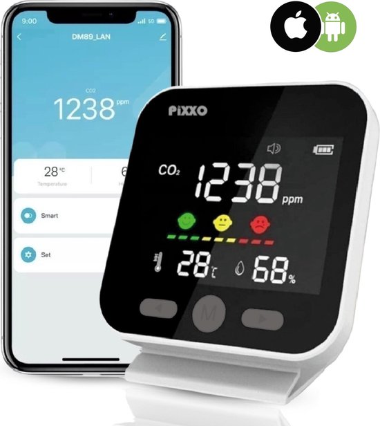 glas Tijdreeksen Veroveraar PiXXO® CO2 meter & Hygrometer voor Binnen - Instelbaar Slim Alarm - Koppel  Meerdere... | bol.com