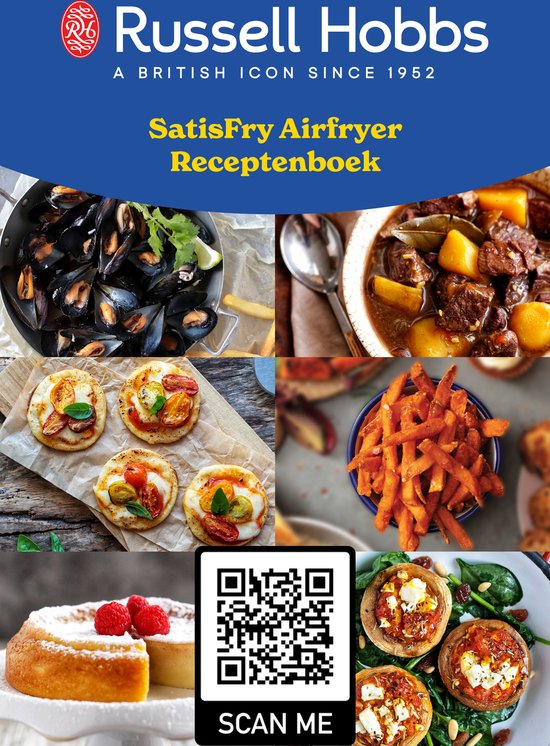 Receptenboek Russell Hobbs Satisfry Airfryer met foto's van eten zoals mosselen en stoofvlees.